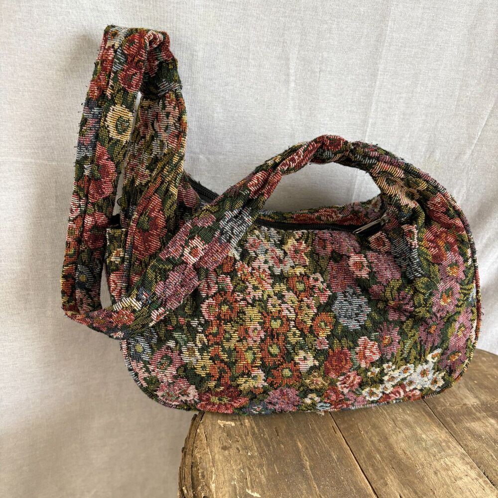 Floral Tapestry Hobo Shoulder Bag Hidden Pocket Boho Cottagecore Gobelin